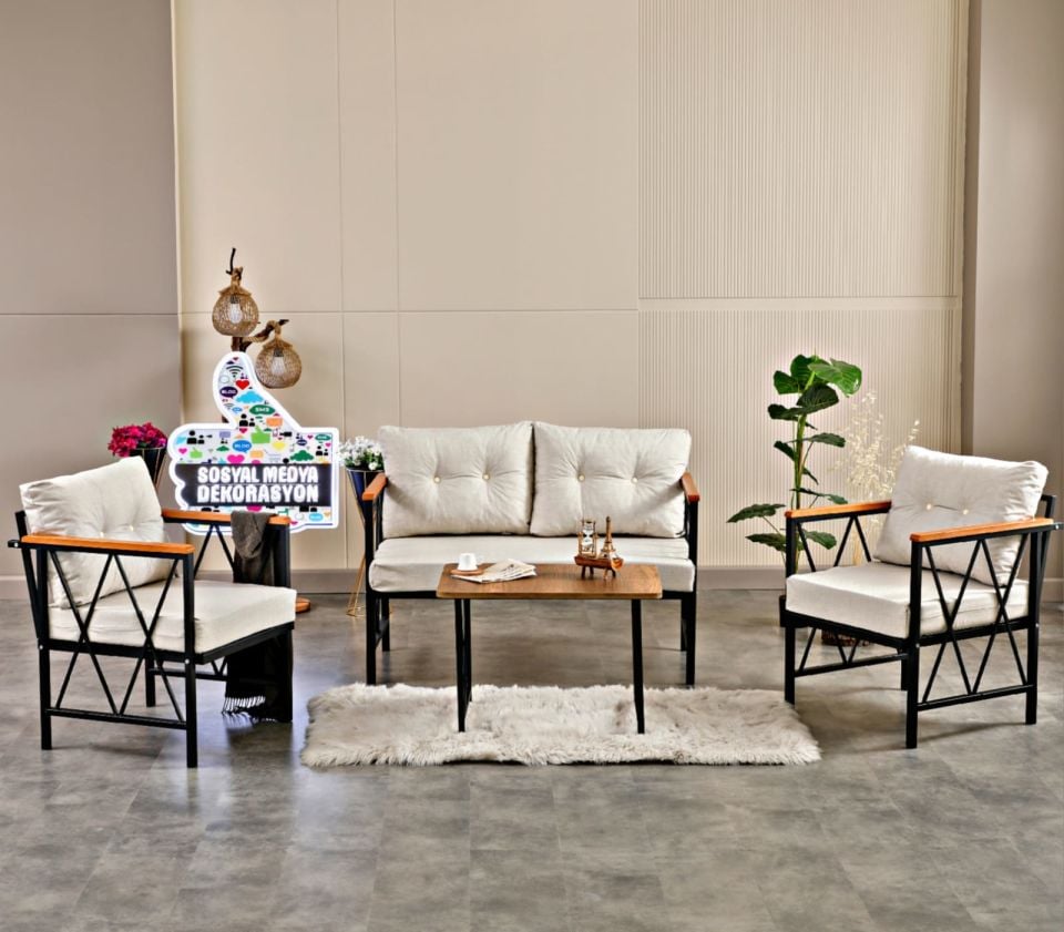 Krem Balkon, Bahçe, Mutfak, Cafe, Ofis Mobilyası 2+1+1 Takım