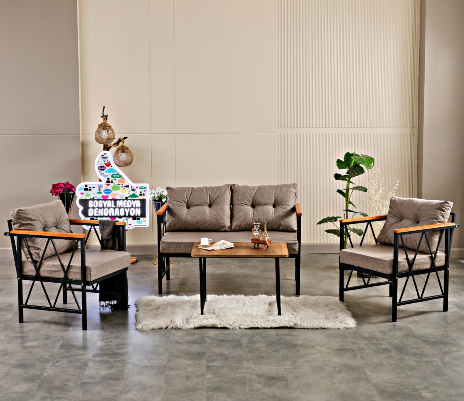 Kahverengi Balkon, Bahçe, Mutfak, Cafe, Ofis Mobilyası 2+1+1 Takım