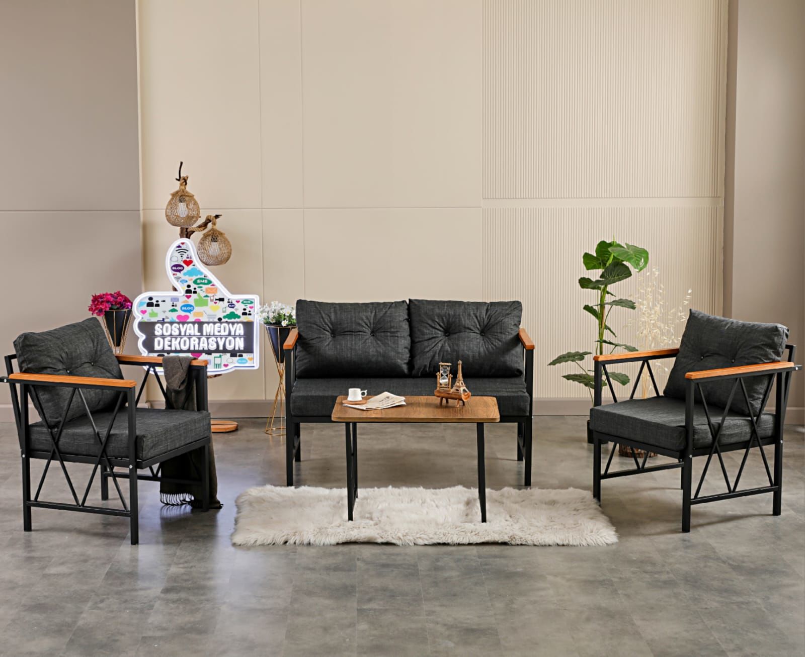 Antrasit Balkon, Bahçe, Mutfak, Cafe, Ofis Mobilyası 2+1+1 Takım