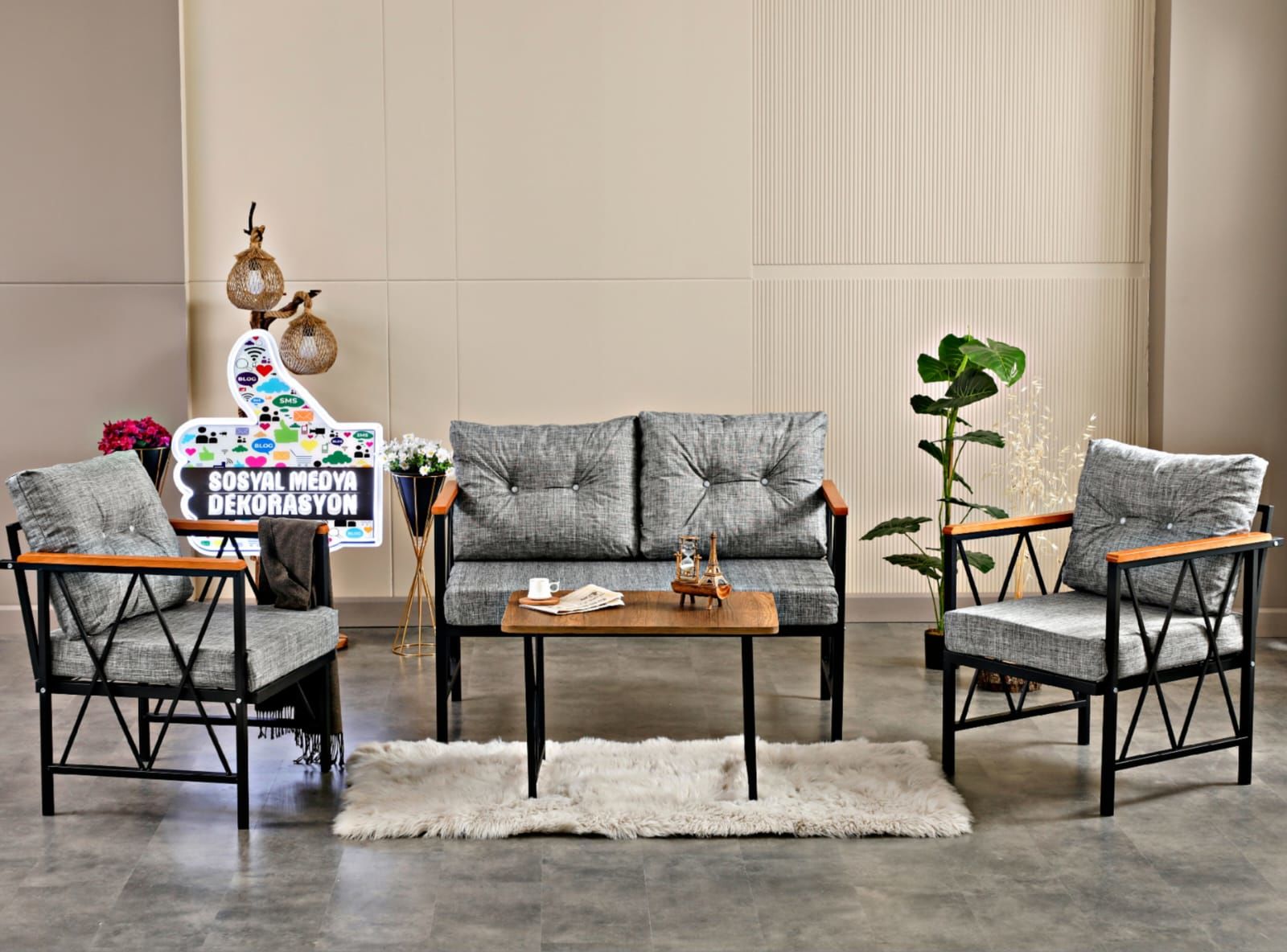 Gri Balkon, Bahçe, Mutfak, Cafe, Ofis Mobilyası 2+1+1 Takımi